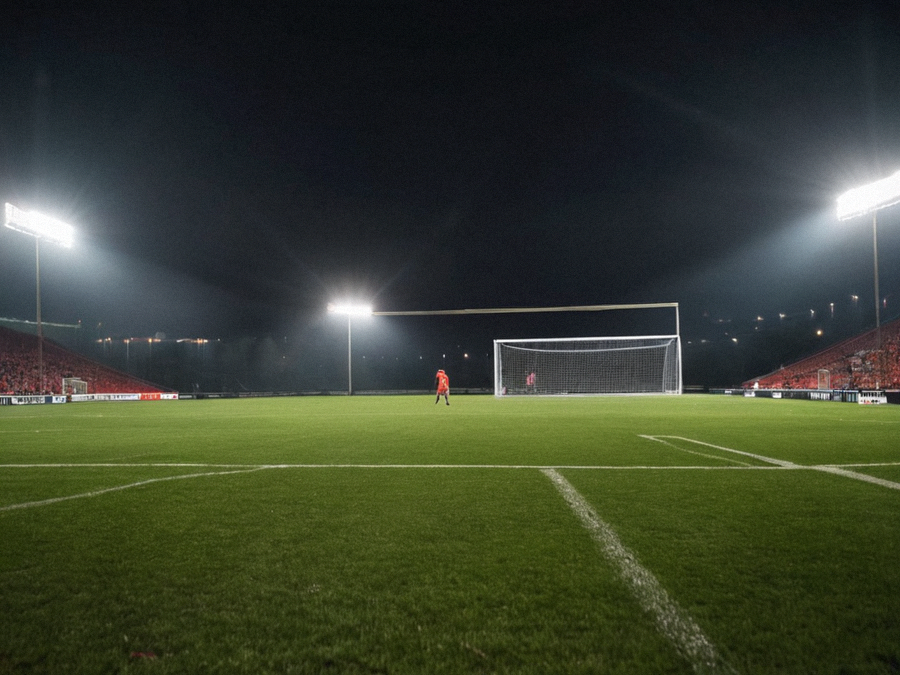 夜晚足球场灯光下进行的职业足球比赛现场